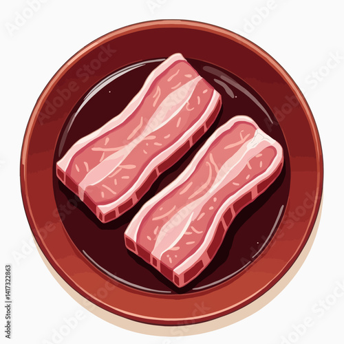 Elevate your meat illustrations with this realistic vector image of raw pork belly slices on a plate, suitable for cookbooks, culinary websites, and food-related marketing materials promoting gourmet 