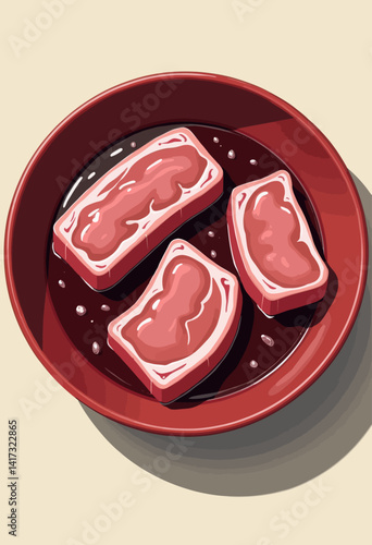Enhance your food-themed designs with this detailed vector graphic of fresh pork belly slices on a plate, ideal for butcher shop advertisements, cooking demonstrations, and culinary publications empha