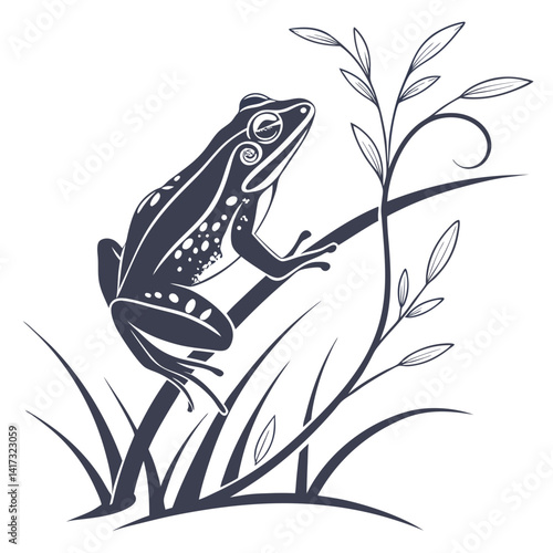 Green amphibian or brown toad, a wild animal, isolated in nature, perhaps a common frog or bufo, with a visible eye, small and ready to jump from a flower or leaf