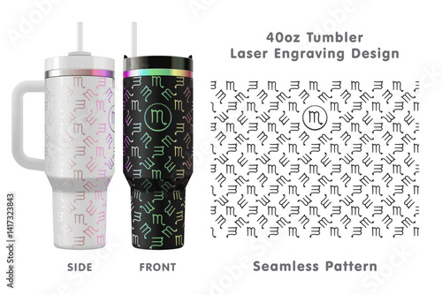 Scorpio zodiac sign laser engraving design for 40oz tumbler. Seamless from edge to edge. Full tumbler wrap. Vector illustration.