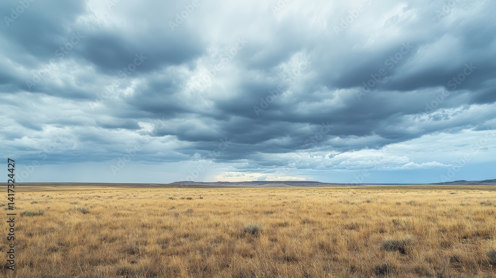 Expansive grasslands beneath an ominous sky display nature's raw beauty Expansive grasslands beneath an ominous sky display nature's raw beauty