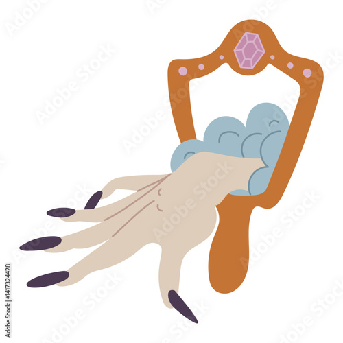witch's hand comes out of the mirror. Flat color illustration. magic of portal. Suitable for horror films, fantasy and detective projects. Halloween. design of books, games, materials related to magic