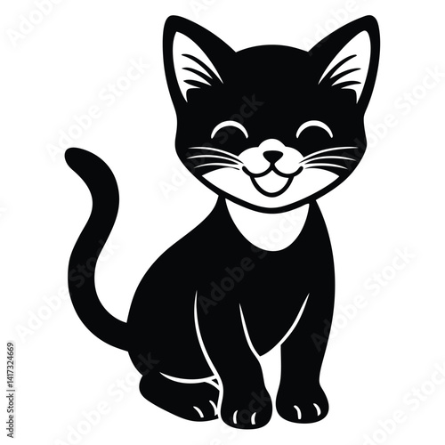 A cute black cartoon kitten vector illustration shows a funny feline pet sitting with its tail
