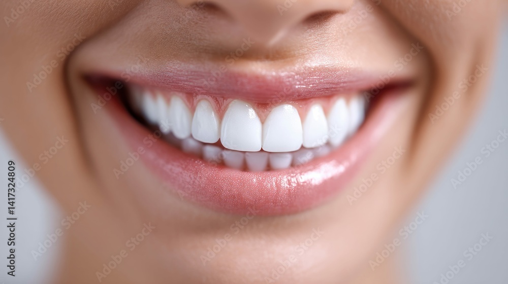 A close-up reveals a perfect smile showcasing bright, white teeth and healthy lips.