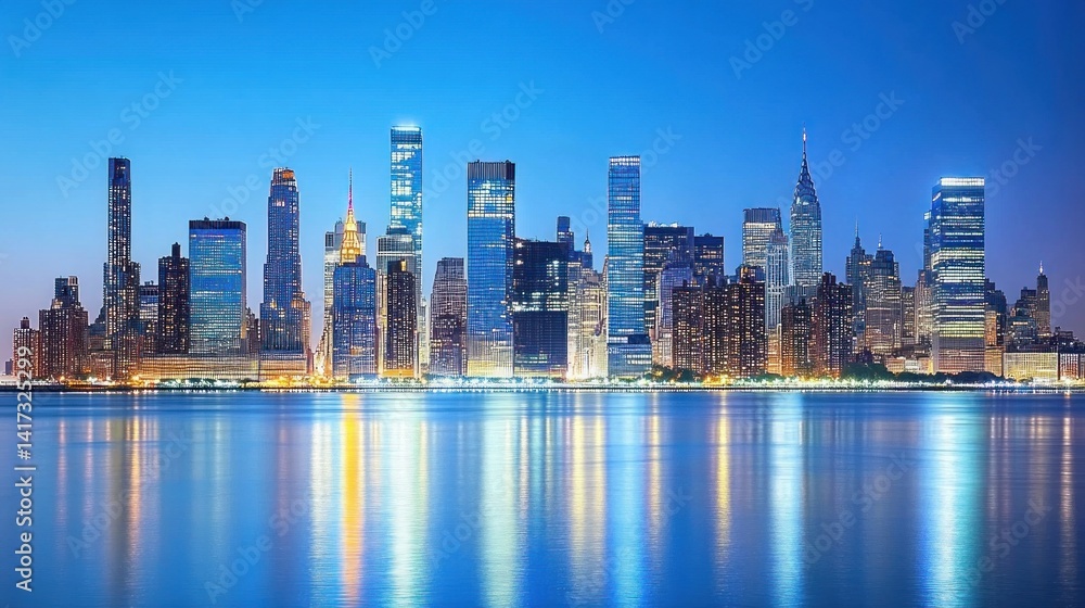 Fototapeta premium New York City skyline at twilight, reflecting lights on the water.