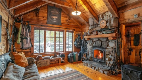 Cozy rustic cabin interior with wood-burning fireplace, large windows, and gear storage