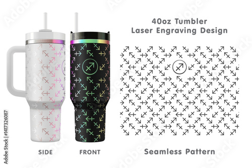 Sagittarius zodiac sign laser engraving design for 40oz tumbler. Seamless from edge to edge. Full tumbler wrap. Vector illustration.