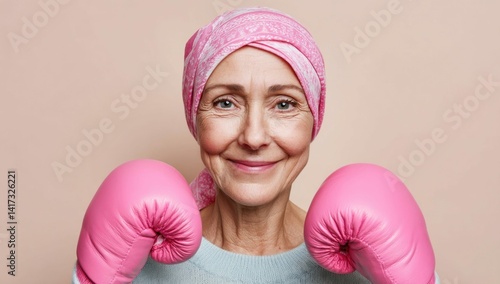 An older woman in a headscarf wearing boxing gloves, symbolizing the fight against cancer with hope.