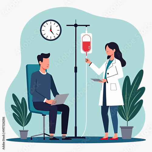 Illustrate compassionate healthcare with this vector graphic featuring a patient receiving IV therapy and a caring nurse, perfect for medical websites, health blogs, and promoting wellness services wi