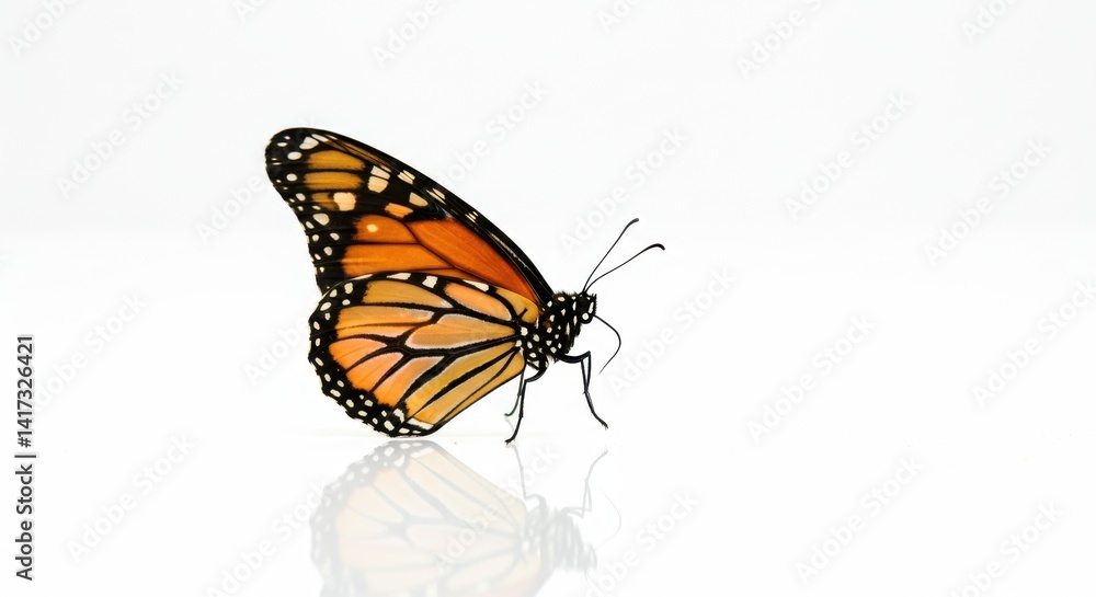 Fototapeta premium Monarch butterfly side view with clear reflection