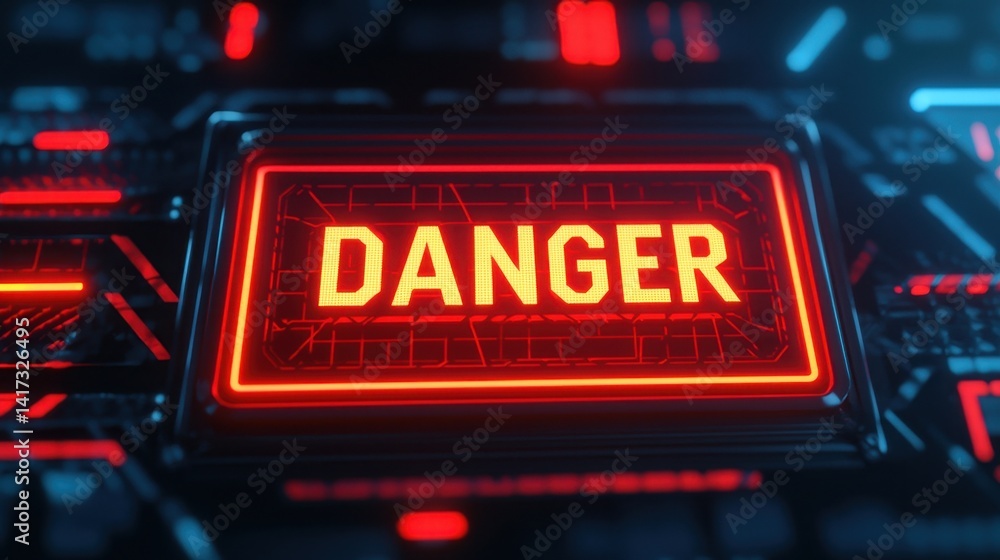 Bright Red Danger Sign with Futuristic Digital Background Bright Red Danger Sign with Futuristic Digital Background