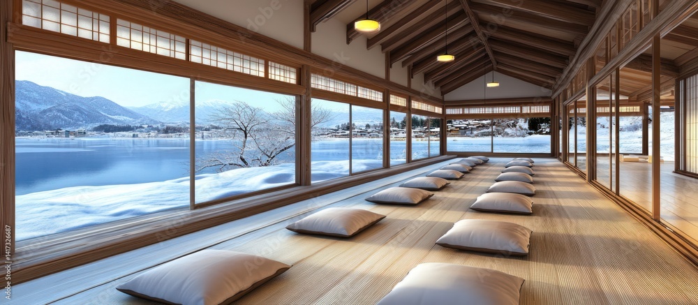 Fototapeta premium Serene winter retreat: A harmonious blend of nature and interior design