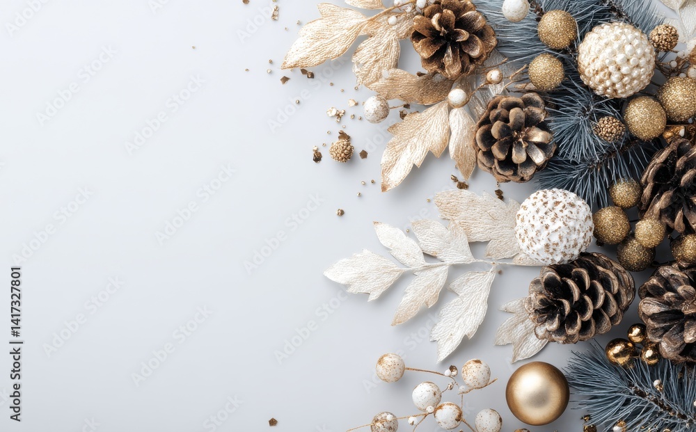 Elegant Christmas decor in gold and white. Festive arrangement of pine cones, ornaments, and leaves on a light gray background. Elegant Christmas decor in gold and white. Festive arrangement of pine cones, ornaments, and leaves on a light gray background.