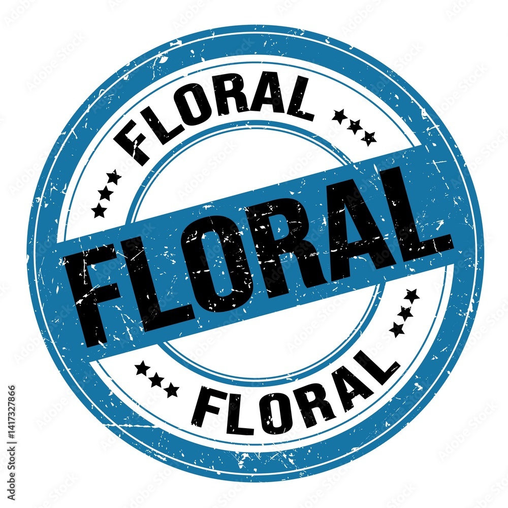 FLORAL text written on blue-black round stamp sign