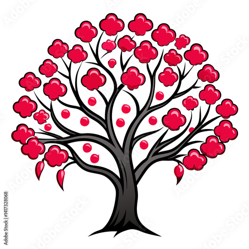  Vibrant Cherry Plum Tree Illustration with Strong Outline