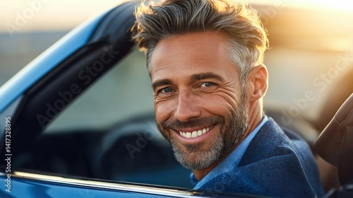 A smiling, handsome man with gray hair and a beard sits in a convertible car, looking happy.
