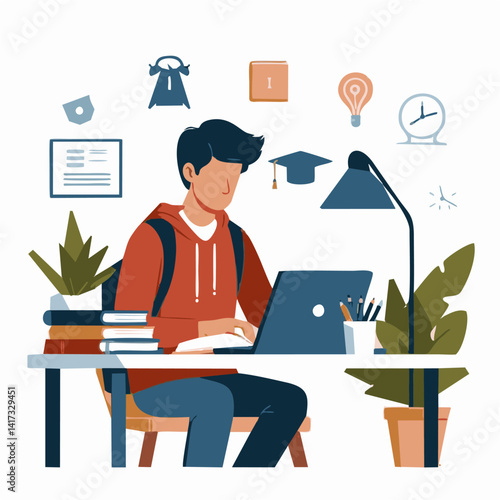 Flat vector of a student studying at a desk with books and a laptop. Clean and minimal design with solid colors. Perfect for education, e-learning, or academic content.