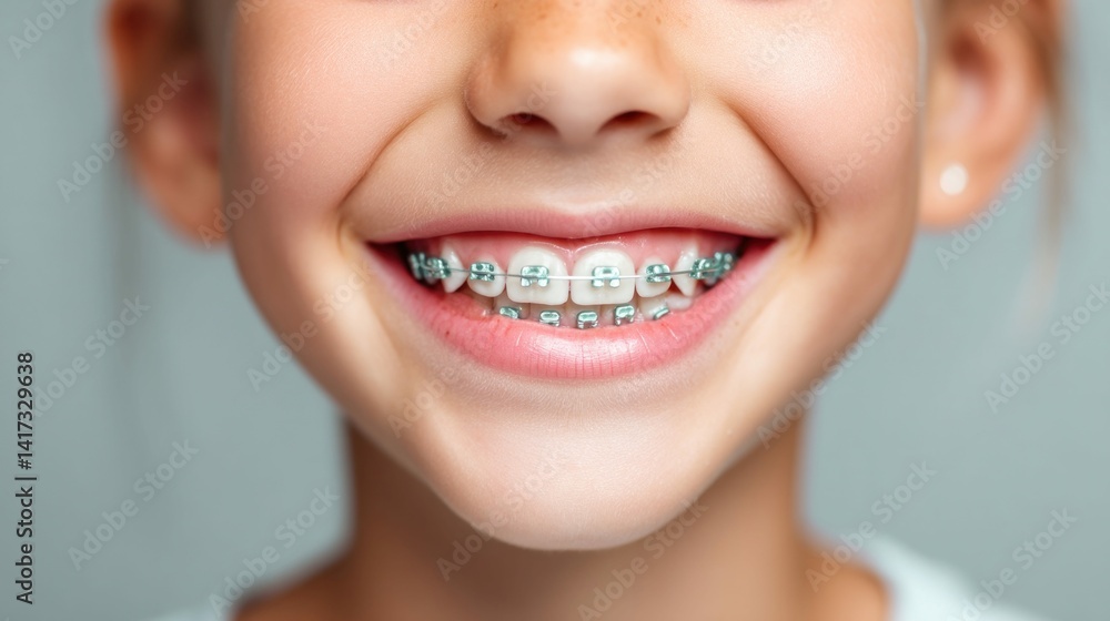 Fototapeta premium A close-up captures a happy girl's smile, showcasing her braces and healthy teeth, beautifully.