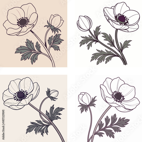A delicate anemone flower icon with a dark center and smooth 
petals