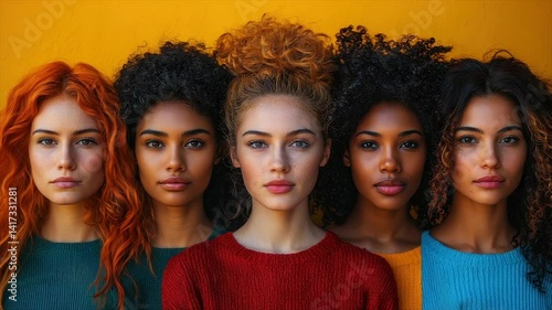 Five women with diverse hair textures and skin tones stand shoulder-to-shoulder against a yellow background