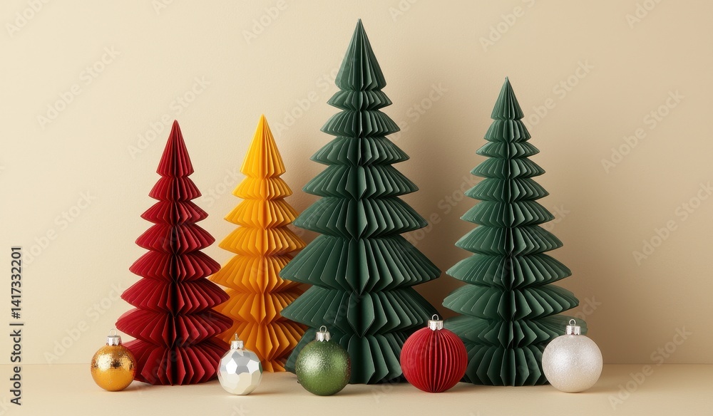Fototapeta premium Colorful Paper Christmas Trees with Ornaments on Simple Background