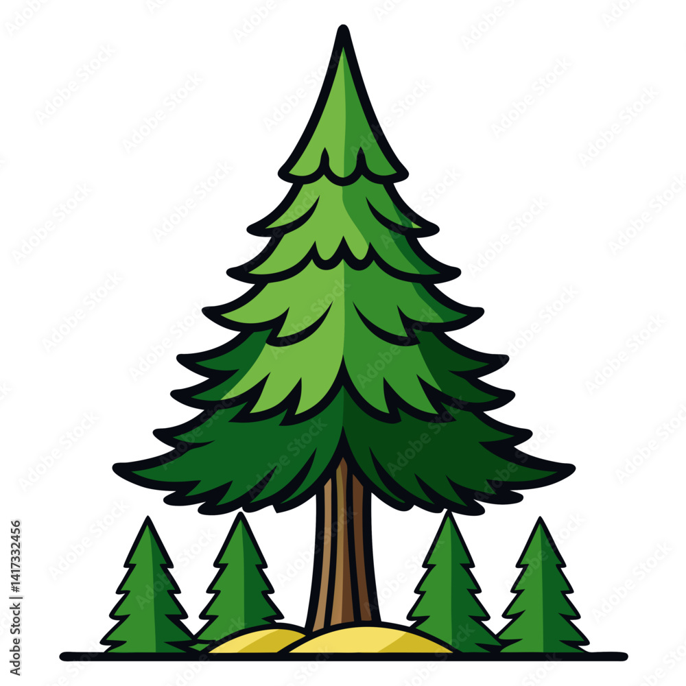 Fototapeta premium Forest Pine Tree Art with Bold Outline on White