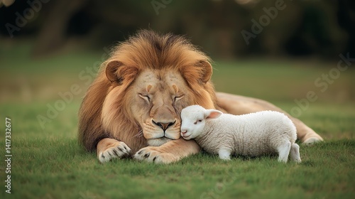 A cute lion lying down with a lamb on a soft green field, symbolizing peace