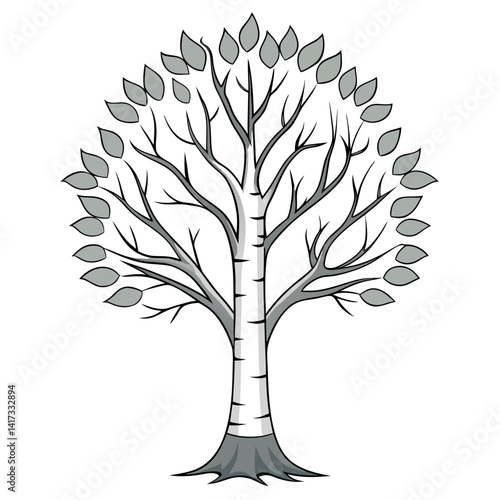  Gray Birch Tree Art with Bold Outline on White