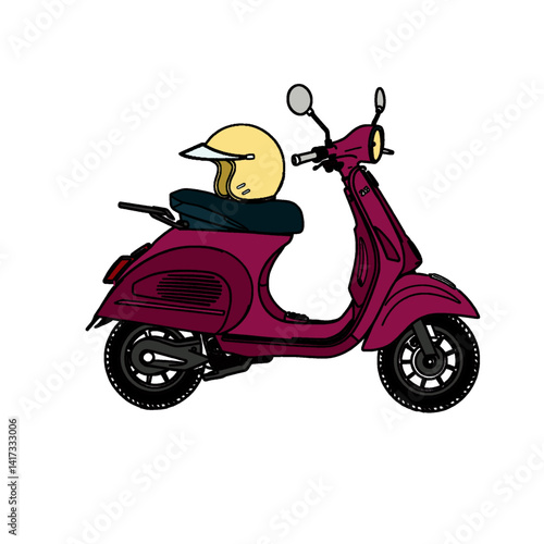 Vector illustration of red and black motorcycle and yellow helmet on the motorcycle seat. Vector line art illustration coloring page. Coloring book for kids, scooter vector