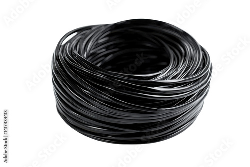 Coiled, black wire isolated on PNG transparent background, cut out