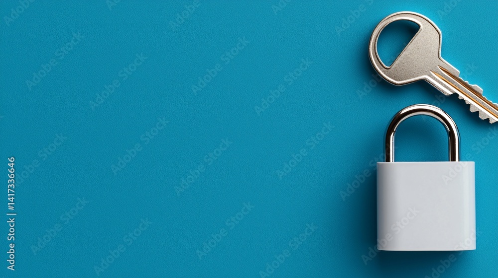 Naklejka premium 3D padlock and key in blue tones, placed side by side on flat blue surface, simple cybersecurity representation