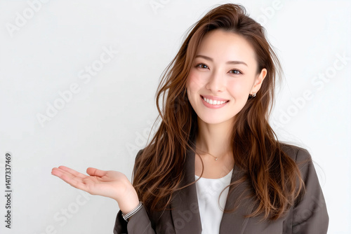 手を差し出し案内する笑顔の30代の女性