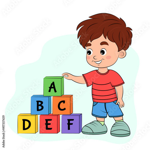 Cute little boy playing with colorful cubes, cartoon style, educational games, preschool learning