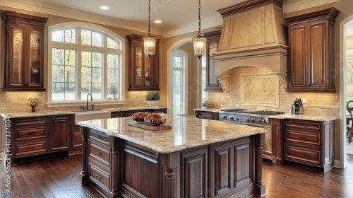 A luxurious, spacious kitchen with dark wood cabinetry and granite countertops.