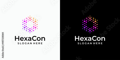 Hexagon shape technology connection vector logo design with modern, simple, clean and abstract style. Icon for business, science and personal branding.