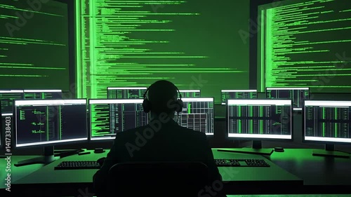 Cybersecurity Professional Analyzing Data on Multiple Monitors in a Dark Room