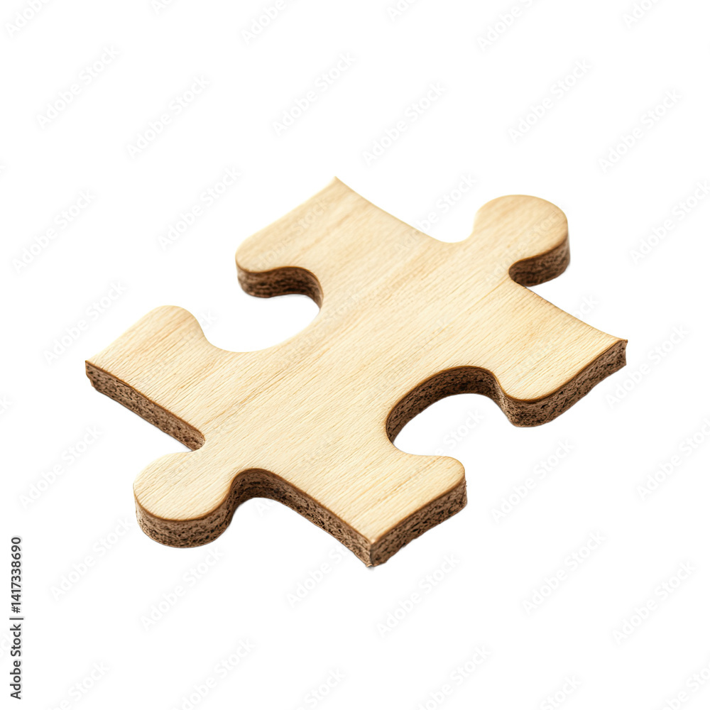 Fototapeta premium A single, light brown wooden puzzle piece, isolated against a blurred background, representing the concept of connection and challenges in solving puzzles.