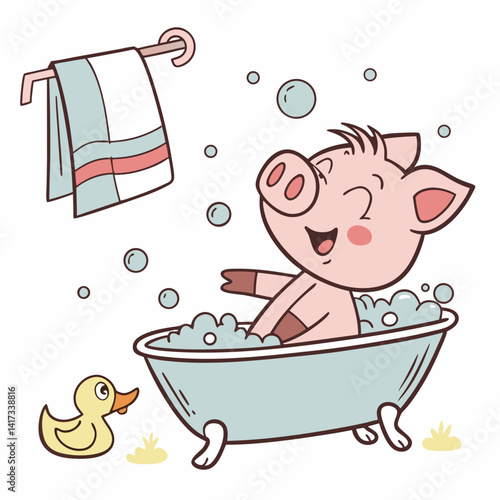 Cartoon cute pig taking bath in the bathtub.Vector illustration