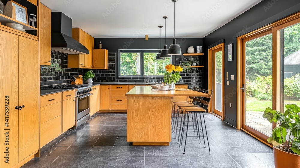 Fototapeta premium Modern kitchen with warm wood cabinets and dark accents.