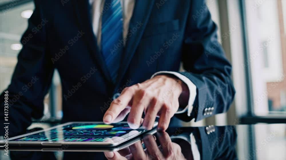 Business professional analyzes data trends on tablet in modern office setting during working hours Business professional analyzes data trends on tablet in modern office setting during working hours