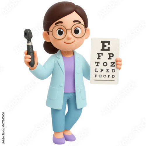 cheerful medical specialist in glasses holds eye chart and tool
