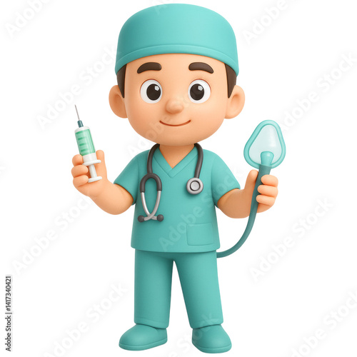 cartoon medical specialist in scrubs holds syringe and mask, ready to assist with care