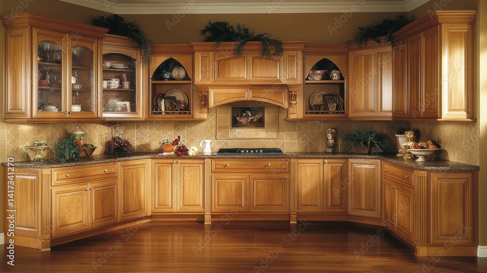 Fototapeta premium A warm and inviting light brown kitchen with exquisite cabinetry and granite countertops.