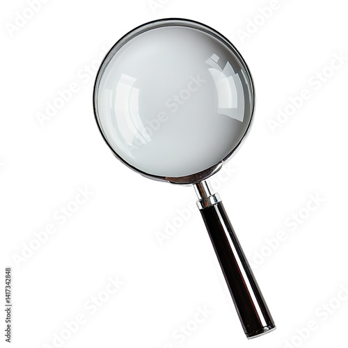 A high-resolution image of a magnifying glass against a plain white background, highlighting its transparency and metallic components.
