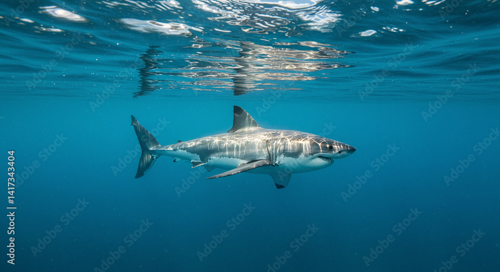 Fototapeta premium Shark Swimming Underwater in Ocean with Light Reflections