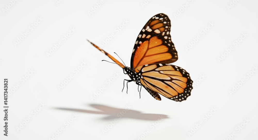 Obraz premium Monarch butterfly in mid-flight casting soft shadow