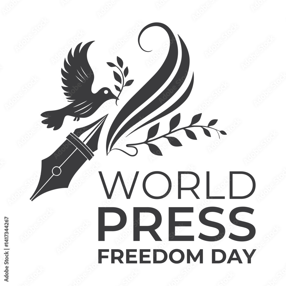 Obraz premium Black & White Logo – Dove Carrying Olive Branch with Fountain Pen Nib for World Press Freedom Day