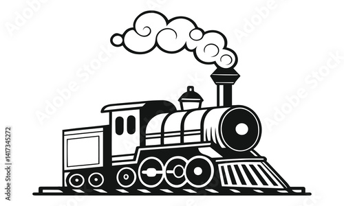 Vintage Steam Locomotive Illustration – Black & White Cartoon Train with Puffing Smoke
