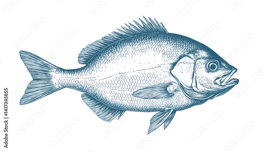 Fototapeta premium Fish sketch dorado gilt-head bream. Vintage retro print, black white gilt-head bream fish sketch ink pencil style drawing, linear drawing, engrave old school. Sketch artwork dorado fish. Illustration