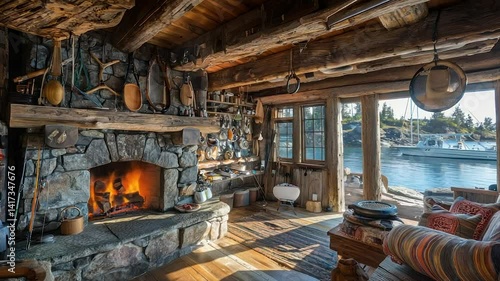 Rustic waterfront cabin interior with stone fireplace, wooden beams, and stunning water view